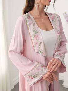Al Najma Arabic Style Colorful Embroidery Floral Front Opening & Cuff Splice Outfit Set, Spring/Summer, Modest