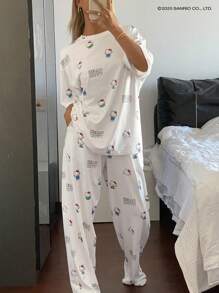 HELLO KITTY | DAZY 可爱卡通印花宽松短袖和裤子女式睡衣套装 - 白色 - 查看 6