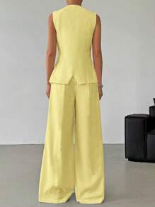SHEIN EZwear Ensemble 2 pièces en lin pour femmes, jaune, décontracté pour les tenues de bureau d'été pour femmes, tenue professionnelle pour femmes d'affaires, vêtements pour femmes professionnelles en automne/hiver - Jaune citron - Voir 2