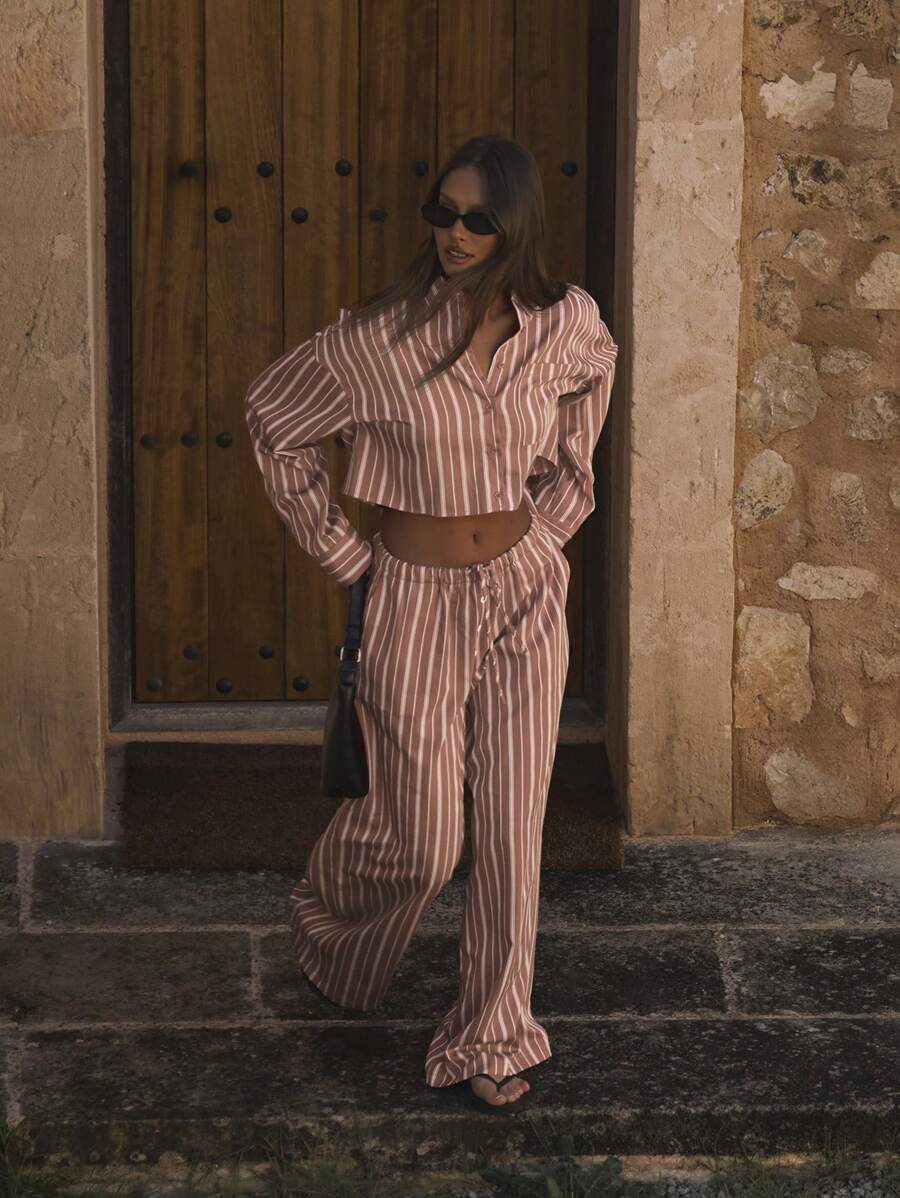 MUSERA Mid Rise Drawstring Waist Wide Leg Trousers Bottom Only Summer Cute Vacation Stripe Holiday Casual - Khaki - View 1