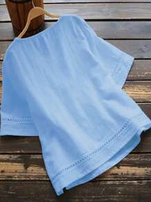 INAWLY 2 Pieces Women Summer Casual Loose Lace Short Sleeve O-Neck Blouse And Shirt Set - Baby Blue - View 2