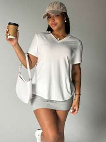 Rhythm Era Plus Size Summer Casual Solid Color Back Twist Hollow Short Sleeve Sports T-Shirt - White - View 3