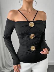 Modelyn Women Spring/Summer Off Shoulder Halter Rose Flower Metal Button Elegant Knitted T-Shirt - Black - View 1