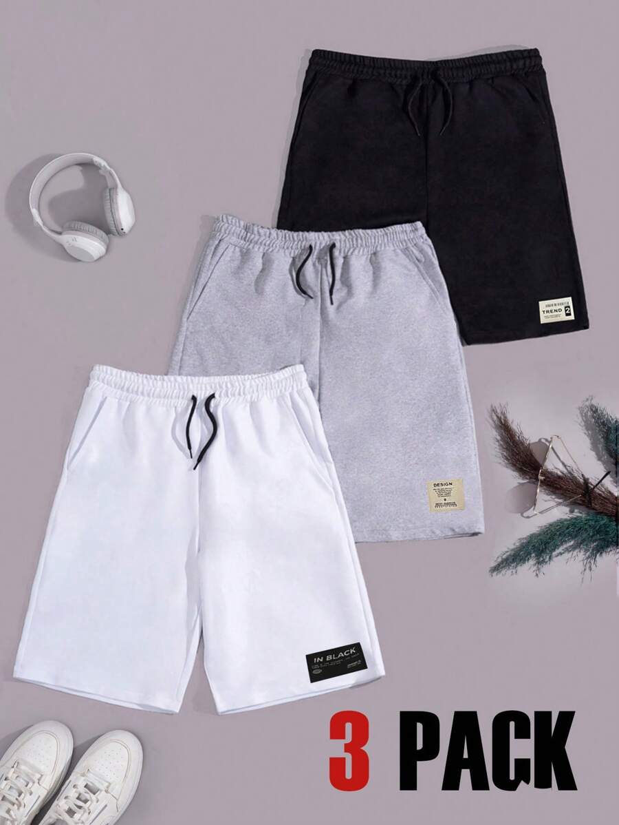 RueChic 3 pezzi Pantaloncini da uomo a vita regolare con dettagli in etichetta e coulisse