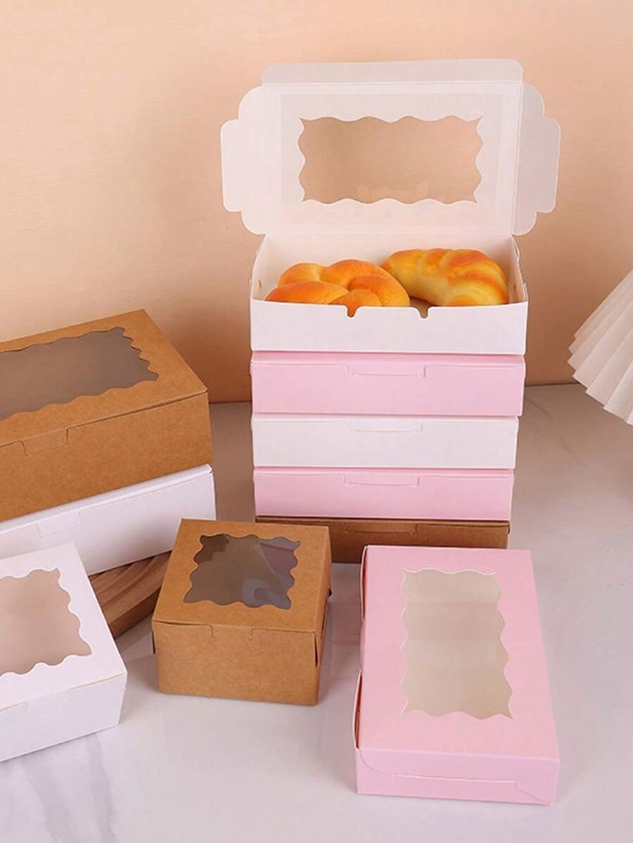 20pcs Rectangle Window Kraft Paper Candy Macaron Pastry Box Wedding Party Favor Baking Packaging Box School Supplies Food Bag Food Box Suitable For Candy Chocolate Cookies Etc. - Pink - View 1