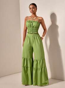 Zivah 20  Summer New Mother's Day Wedding Season Wedding Birthday Party Everyday Outing Basic And Versatile Leisure Vacation Internet Celebrity Hot Style Street Style Elegant Commuter Business Casual Suspenders With Ruffled Edges Cropped Skinny Suspender Top And Gathered Straight Wide-Leg Pants Pockets Multi-Layer Gathering Linen Bamboo Fabric Green Summer Suit Women's Two-Piece Suit - Green - View 1