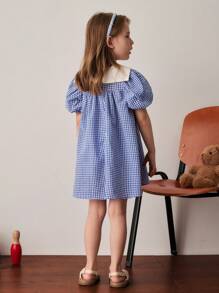 PrepCrw Rochie pentru fete tinere, cu guler contrastant, în carouri albastre, cu mâneci bufante, stil preppy - Albastru si alb - Vizualizare 3