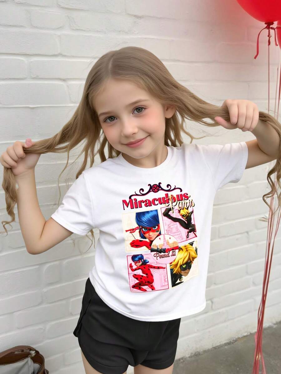 Miraculous Ladybug X SHEIN Tween Girl Casual Cartoon Portrait Graphic Round Neck Short Sleeve T-Shirt, Summer - White - View 1