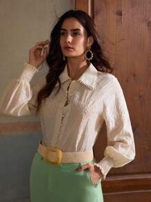 ZEYLAH Freizeitshirt mit Leinenlaternärmeln und Stickerei, ideal für Urlaub - Beige - Übersicht 7