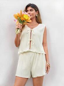 KURAYIA Áo ba lỗ vải nhún cỡ lớn cho nữ có chi tiết buộc dây và khoét rỗng, kèm quần short Bộ 2 món thanh lịch - Màu be - Xem 4