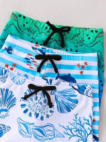 SHEIN 3件套青少年男童休闲度假网色多巴胺恐龙鲨鱼印花彩色宽松梭织沙滩泳衣多件套，三色三件套短裤泳衣沙滩游泳海滩冲浪度假春夏 - 彩色 - 查看 6