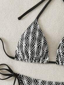 SHEIN Swim 2 piezas Conjunto de bikini de mujer sexy con escote halter de punto jacquard con lazo, para verano - Blanco y Negro - Ver 5