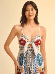 CAJUNI 女式波西米亚结饰浪漫花卉印花吊带背心，休闲夏季海滩度假装 - 彩色 - 查看 7