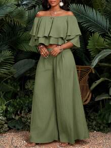 SHEIN Lady Bộ 2 áo trễ vai và quần dài cho nữ, màu trơn, thời trang, thích hợp cho mùa hè - Màu xanh Bạc hà - Xem 5