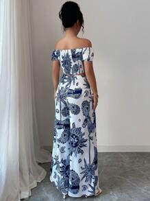 Elenzga 女式波西米亚风格印花围裙上衣，露肩设计 + 系腰直筒裤套装 - 彩色 - 查看 2