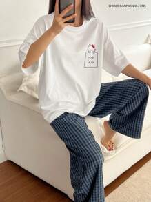 HELLO KITTY | DAZY 女式可爱线条口袋印花上衣和格子休闲睡裤套装 - 白色 - 查看 4