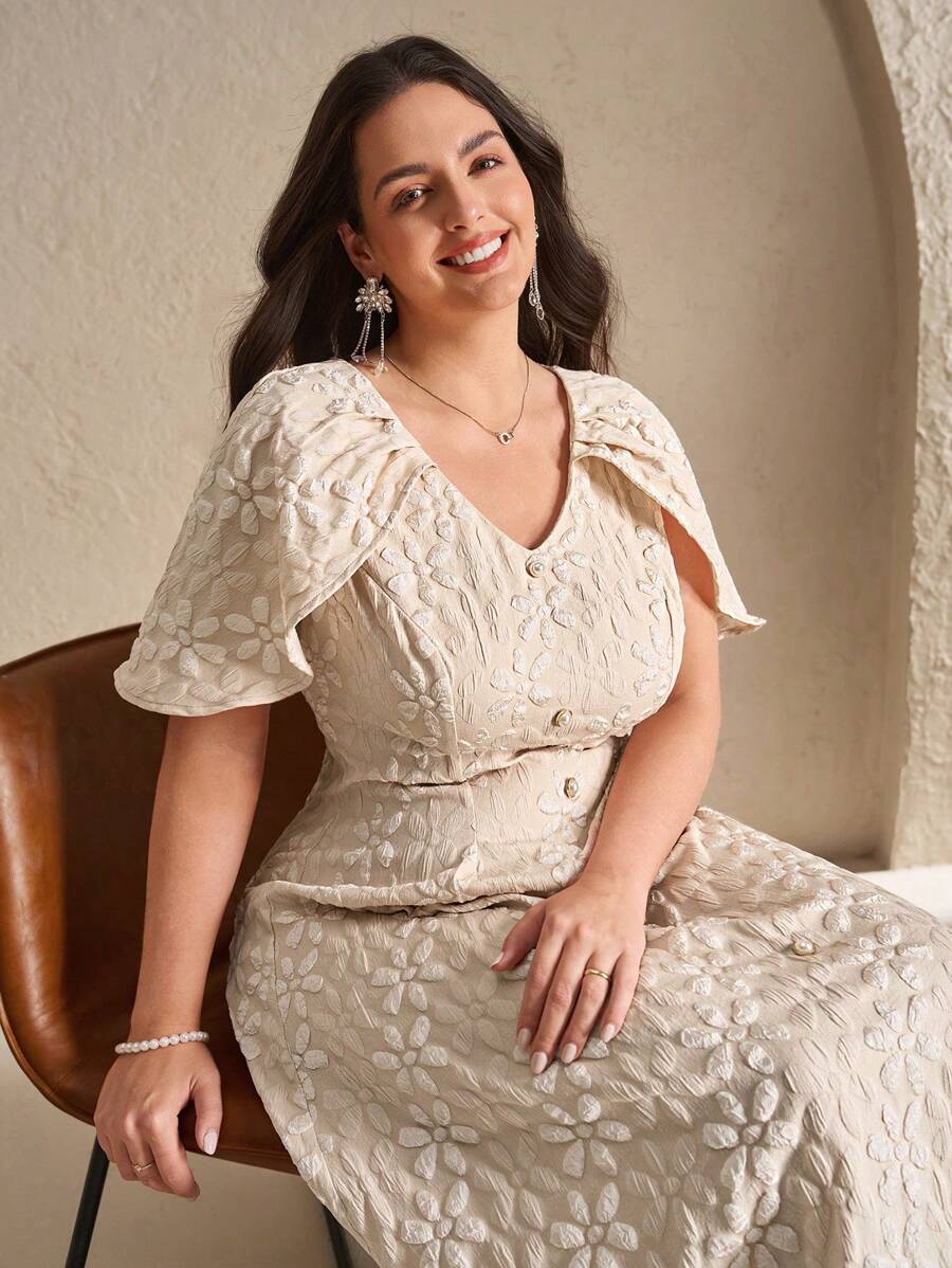 Chikora 加大码郁金香袖斗篷紧身优雅休闲婚礼宾客派对礼服，飘逸长款漂亮连衣裙女士连衣裙女士夏季连衣裙，女士春季连衣裙，优雅长袍女士夏季服装工作夏季连衣裙女装，毕业礼服，女士毕业礼服，白色毕业礼服，毕业装 - 杏色 - 查看 1