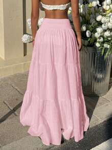 MainGRL Casual Pink Pleated Waist Ruffle Hem Women Summer Skirt - Pink - View 2