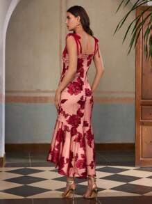 ZEYLAH FLORAL PATTERN MERMAID HEM DRESS - Red - View 3