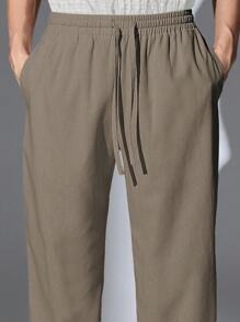 SUMWON 亚麻外观溜冰者风格休闲裤，腰部抽绳，宽松长裤，日常穿着舒适，高品质阔腿款式，适合春夏季 - 棕色 - 查看 8