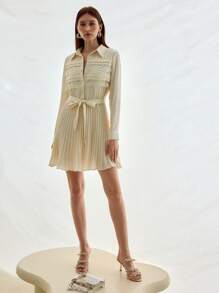 MOTF STUDIO LACE INSERT TEXTURED SATIN PLEATED SHORT DRESS, LONG SLEEVE SHIRT DRESS