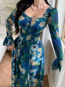 DAZY Nuevo vestido de verano de longitud media elegante con estampado de plantas para mujeres, conjunto de ropa de vacaciones para mujeres - Verde - Ver 3