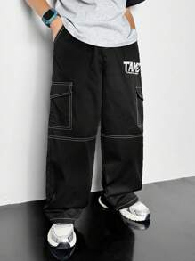 SHEIN Tween 男童宽松拼色韩版街头工装裤，适合运动、户外、校园、春夏秋冬 - 黑色 - 查看 5