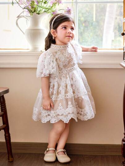 SHEIN Babygirl Lovely Summer Floral Lace Collar Short Sleeve Mini Dress