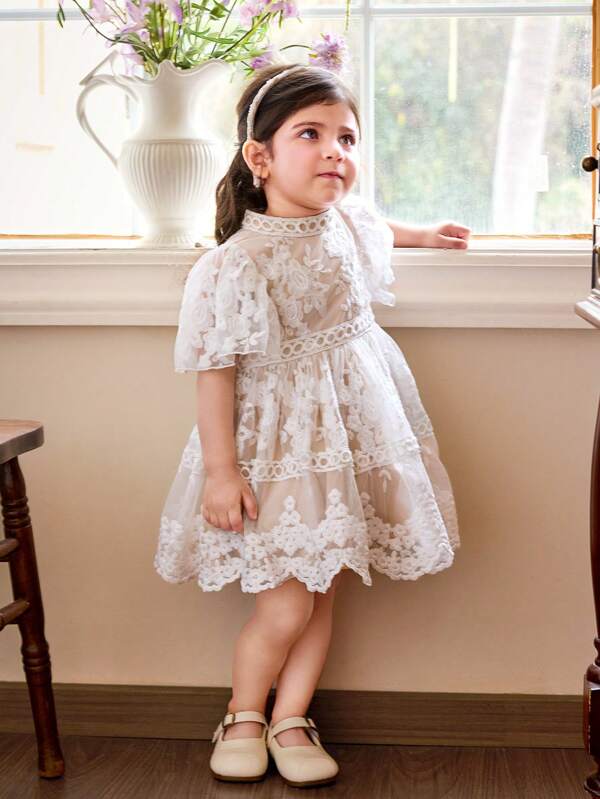 Babygirl Lovely Summer Floral Lace Collar Short Sleeve Mini Dress