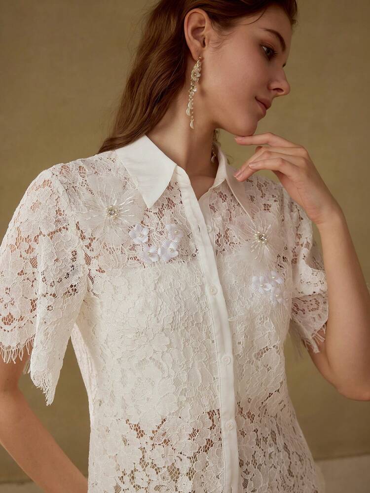 SHORT SLEEVE BUTTON UP SHEER BLOUSE