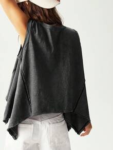 Bohemela 女士休闲纯色针织宽松不对称下摆半开前背心 - 黑色 - 查看 2