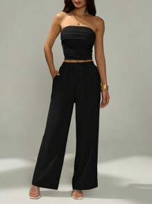 SHEIN PETITE 2 Pcs Women Solid Color Minimalist Bandeau Top And Pants Set Festival - Black - View 3
