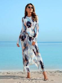 Swim Shayni 2025 时尚三件套女士泳衣套装：扎染印花长袖泳衣上衣、配套扎染印花裤、扎染印花侧开叉扭花长裙 / 端庄女士泳装 / 度假海滩装 / 泳池装