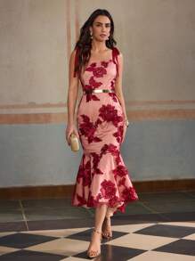 ZEYLAH FLORAL PATTERN MERMAID HEM DRESS - Red - View 5