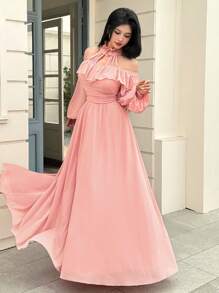 Modelyn Women's Long Neck Tied Mesh Ruffle Hem Korean Style Elegant Waist Flared Dress - Dusty Pink - View 7