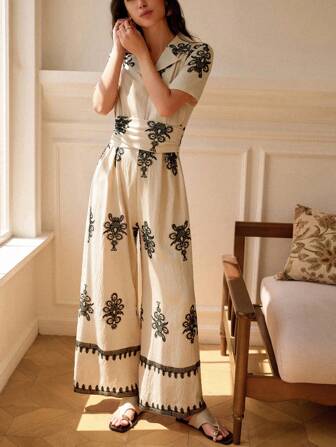 Écloséra 复古法式休闲度假百搭麻质纯色刺绣印花女短袖交叉系带收腰阔腿连体裤 浅杏色 夏季新款