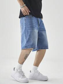 Manfinity EZcore 大码男士夏季休闲水洗牛仔短裤 - 中等水洗藍 - 查看 8