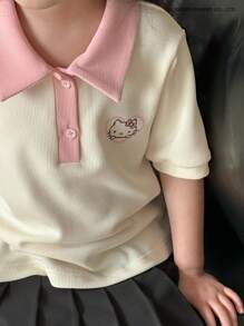 DAZY HELLO KITTY | DAZY Young Girl Collared Color Block Print Knit Short Sleeve T-Shirt, Spring/Summer For Young Girl