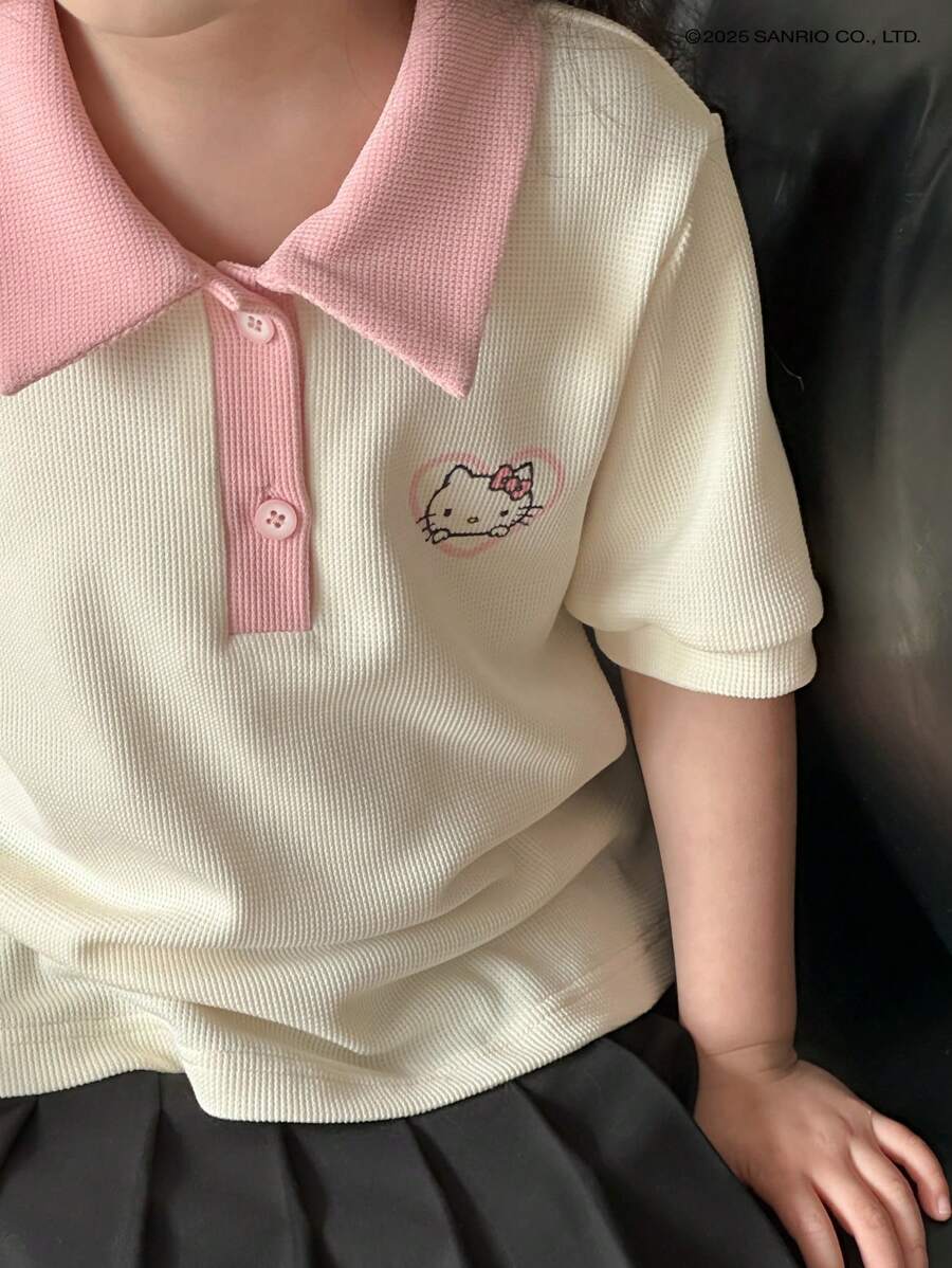 DAZY HELLO KITTY | DAZY Young Girl Collared Color Block Print Knit Short Sleeve T-Shirt, Spring/Summer For Young Girl