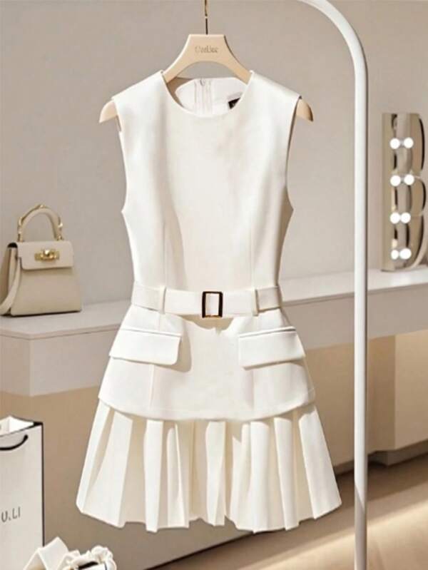 Franclia French Elegant Fashion Simple Everyday Versatile Round Neck Sleeveless Cinched Waist Waist Pleated Hem Non-Stretch Woven White Dress, Women Spring Summer Business Casual Graduate Dress