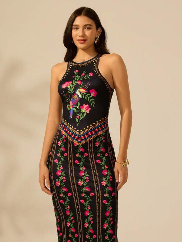 CAJUNI Vestido Casual de Verão, de Praia e Férias, Slim, Sem Manga, Estampa Preta com Flor Tropical Bohêmia, Papagaio e Concha
