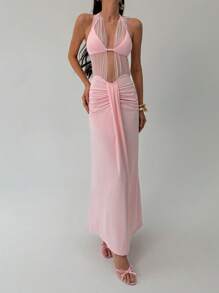 Aloruh Vestido maxi rosa de malla transparente y elegante con escote en V profundo y ajustado al Body, para mujer. Vestidos de verano, vestidos de graduación, vestidos de playa, vestidos de invitada de boda, atuendos de vacaciones para mujer - Rosa Pálido - Ver 4