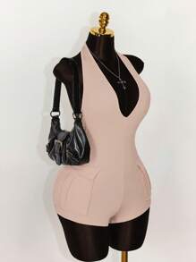 Amplova 深 V 领挂脖纹理面料紧身连衣裤