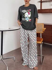 HELLO KITTY | DAZY 2 件套可爱卡通印花上衣和宽松全身印花直腿裤睡衣套装女士 - 灰色 - 查看 5