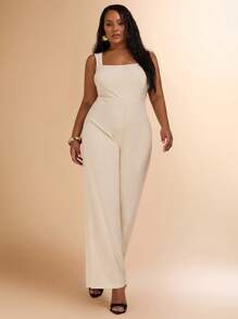 SHEIN BAE Plus Size Women Spring/Summer Solid Color Sleeveless Wide Leg Jumpsuit With Deep Square Neck, Vacation Wear - Apricot - View 1