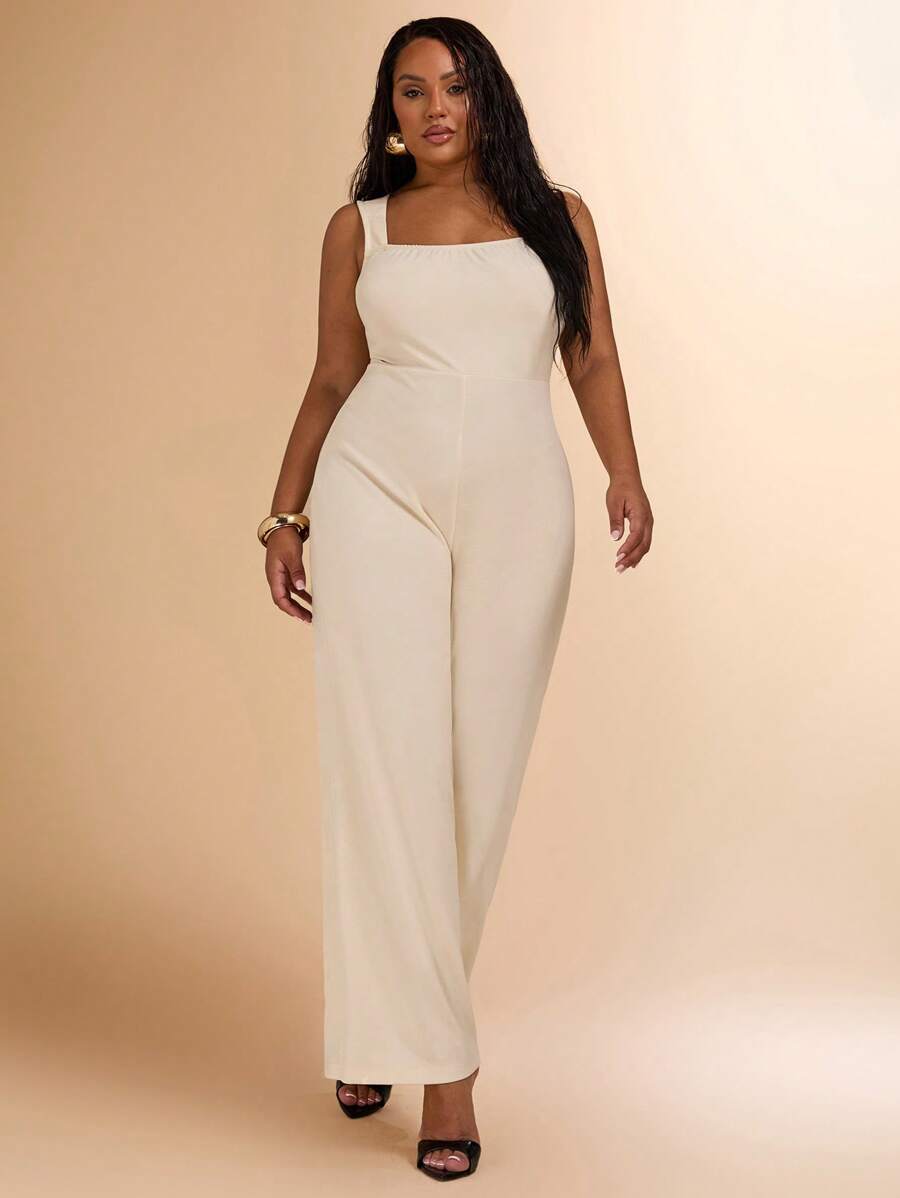 SHEIN BAE Plus Size Women Spring/Summer Solid Color Sleeveless Wide Leg Jumpsuit With Deep Square Neck, Vacation Wear - Apricot - View 1