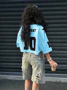 SHEIN EZwear Summer Blue Satin Contrast Mesh Cropped Printed T-Shirt