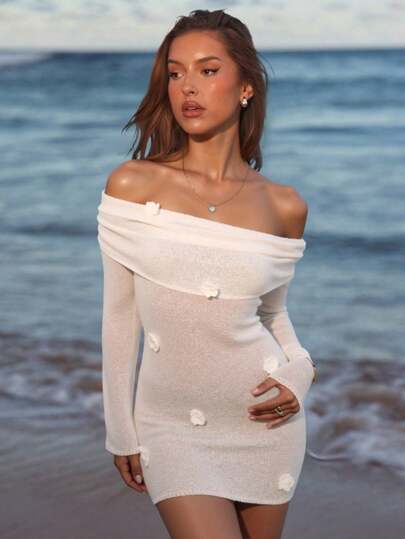 SHEIN BAE Vestido largo de manga larga, elegante, con hombros descubiertos y aplicación floral sólida para mujer