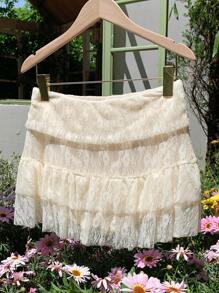 Comfortcana Váy mini ren viền bèo nhún màu trơn ngọt ngào Y2K dành cho nữ, phong cách Bohemian mùa hè cho kỳ nghỉ - Màu be - Xem 3
