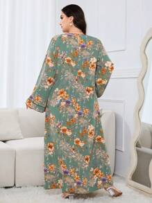 Al Najma Plus Size Women Floral Print V-Neck Flare Sleeve Loose Arab Style Maxi Dress, Modest Kaftan